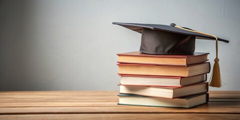 Graduation cap on stack of books with empty space beside it, graduation, cap, books, education, achievement