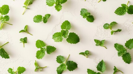 Wall Mural - Fresh lemon balm leaves are arranged on a light background