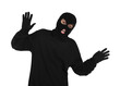 © New Africa - Emotional thief in balaclava raising hands on white background
