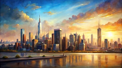 Wall Mural - Cityscape painting with a distant city in the background, urban, skyline, cityscape, buildings, architecture