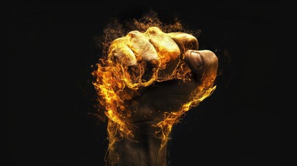 Close-up of a fiery fist, symbolizing power, energy, and force, set against a dramatic black background.