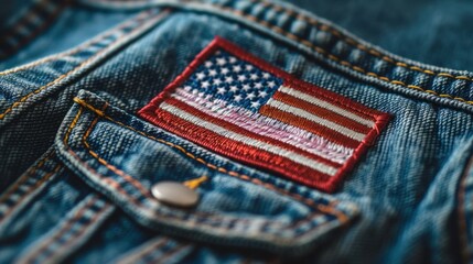 close-up of a vintage american flag patch on a denim jacket