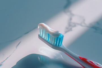 close-up of a toothbrush and toothpaste on a beautiful light marble background with space for text or inscriptions
