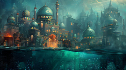 Wall Mural - Beneath the waves, a hidden city in a fantastical world lies dormant, its domes and towers gleaming with a pearly luminescence