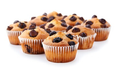 Wall Mural - Muffins with pieces of chocolate on a white background.