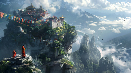 Wall Mural - High upon a craggy precipice, a mountaintop monastery exudes tranquility, prayer flags fluttering in the breeze as monks go about their timeless rituals