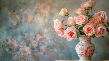 Wall Mural - Pink roses displayed in an antique vase against a backdrop