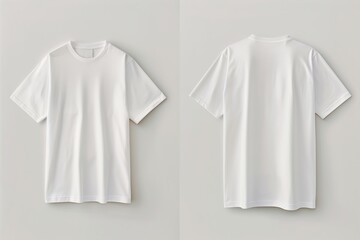 Front and back view of a plain white t-shirt hanging against a neutral background. Perfect for apparel mockups or branding projects.