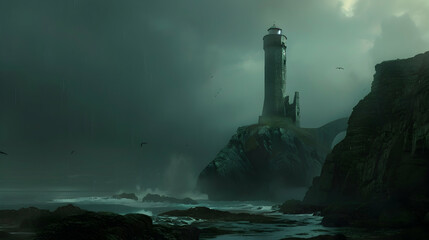 Standing sentinel on a rugged coast, a solitary lighthouse pierces the darkness with its guiding beacon in a fantastical realm