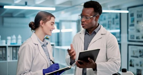 Wall Mural - People, scientist and writing with tablet for research, scientific discovery or test results at laboratory. Man and woman taking notes in discussion with technology for biology or browsing at lab