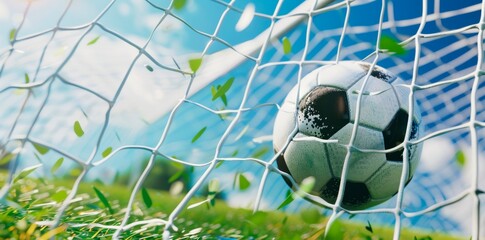 Wall Mural - A soccer ball flies into the goal, with a blurry background of a green field and blue sky,