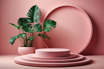 Wall Mural - Abstract minimal scene with round podium and leaves on pink background. generative ai