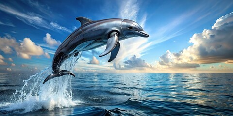 Wall Mural - Robotic dolphin leaping out of water demonstrating animal in ocean, Robotics, Dolphin, Leaping, Water