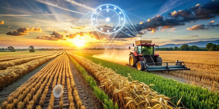 Advanced agricultural technology increasing crop yield, with space for messages on sustainable farming, agriculture