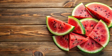 Wall Mural - Freshly sliced watermelon on a wooden background, watermelon, fresh, sliced, fruit, juicy, summer, red, healthy, snack