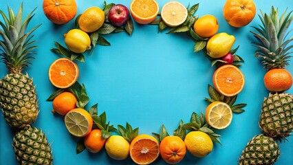 Wall Mural - Fruit circle arrangement on blue background with oranges and pineapple in center , tropical, vibrant, colorful, fresh, healthy