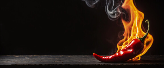 Wall Mural - Burning hot green chili pepper on a black rustic wooden background
