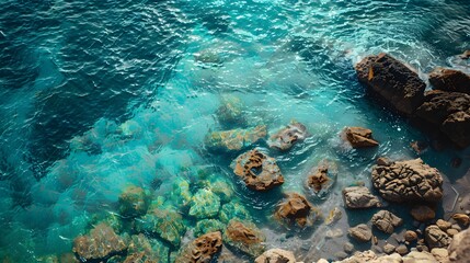 Wall Mural - An aerial view of a rocky beach with blue and green tones