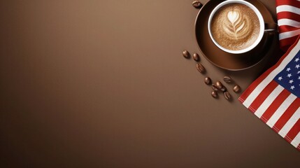 Wall Mural - plain coffee brown background with a USA flag theme in the corner and copy space for text on the right