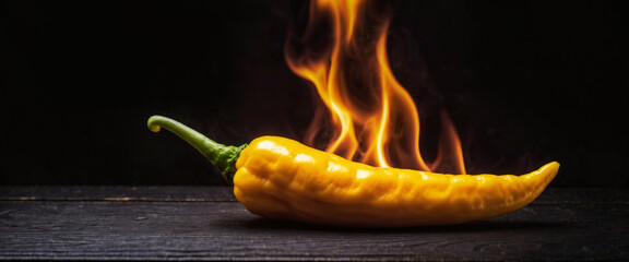 Wall Mural - Burning hot yellow chili pepper on a black rustic wooden background