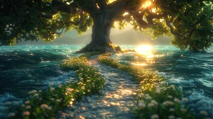Sunlit Tree on a Tranquil Sea