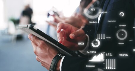 Leinwandbilder - Digital tablet, overlay and stock information for hands of programmer with cybersecurity for finance. Online graph, ux research and data technology dashboard for person coding with web analytics