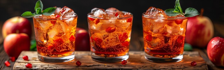 Panorami header with three glasses with a refreshing summer drink are standing on a rustic wooden board, decorated with fresh mint and pomegranate seeds