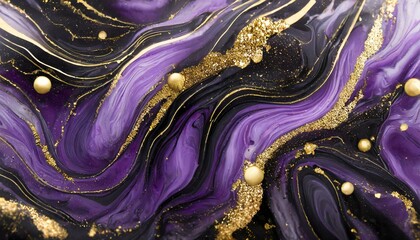 Wall Mural - Beautiful Purple and Black Paint Swirls with Gold Powder. Contemporary Marbling Wallpaper. Generative AI.