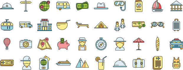 Sticker - Retirement travel icons set outline vector. Insurance safety. Medical life thin line color flat on white