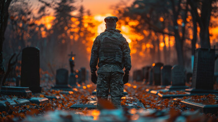 A veteran soldier in a military uniform in an old cemetery looks at the graves against the backdrop of sunset. Autumn cemetery.