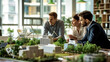 © Roxy jr. - Company employees are discussing a project on ecological cities that conserve resources. The model includes wind turbines and solar panels. The focus and accent in the photo are on the eco-district.