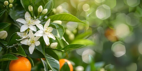 Blooming White Neroli Flowers Surrounding Citrus Trees with Buds and Leaves. Concept Floral Photography, Citrus Orchards, White Neroli Blooms, Botanical Close-ups, Nature in Full Bloom