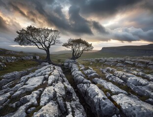 Wall Mural - A dramatic, wideangle view of the limestone pavement landscape at dawn in the Yorkshire Dales National Park with the silhouette two ancient lichen covered trees standing tall against an overcast sky