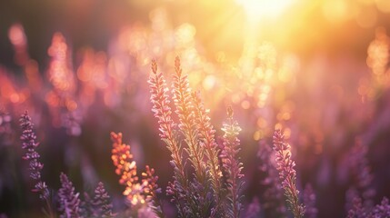 Canvas Print - Heather plant illuminated by the setting sun