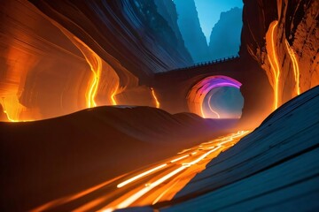 Wall Mural - abstract flames lick the night sky, painting the desert and cityscapes in an orange glow