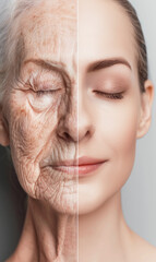 Wall Mural - Before and after photo showing improvement in the skin condition of an elderly woman. On the left you can see the severe wrinkles on her face, and on the right you can see her young, firm skin.