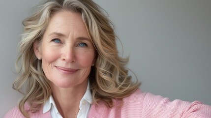 Wall Mural - Portrait of a beautiful senior woman with blond hair in pink sweater and shirt on a gray background