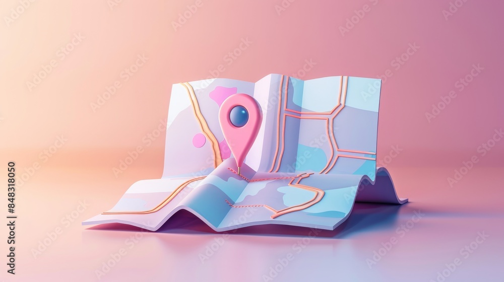 Folded paper map with search bar and pin icon for GPS navigation. Ideal ...