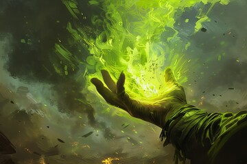 Wall Mural - A hand is holding a green glowing object, possibly a magical artifact