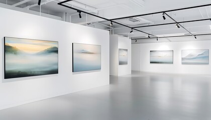 A contemporary art gallery with minimalist white walls, featuring a series of serene landscape paintings that add a touch of nature to the clean, modern space.