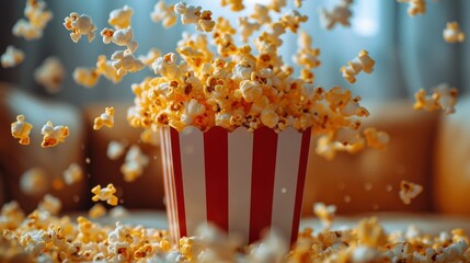 A warm and inviting scene showing freshly popped popcorn leaping from a striped box in a cozy setting