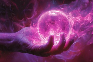 Poster - A hand holding a large, glowing, purple orb