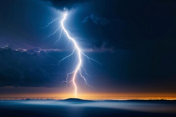 Wall Mural - dramatic night sea with lightning illuminating the dark sky