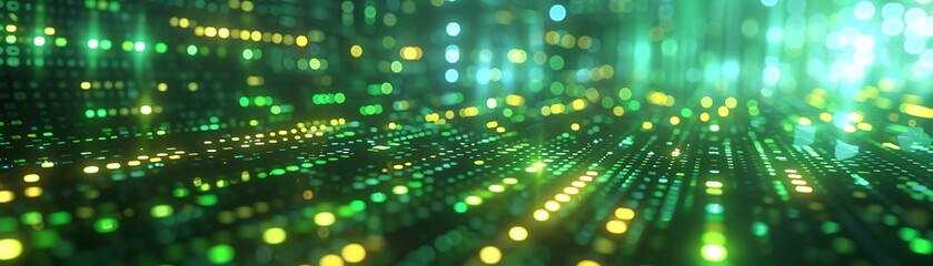Digital matrix with glowing green code futuristic cyber scene depth of field