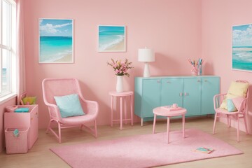 Wall Mural - A vibrant beach chair on a pastel pink room