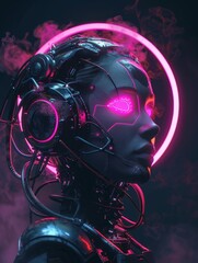 Wall Mural - A woman with a robotic face and pink hair