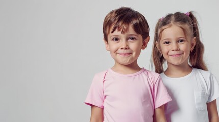 Two happy children in blank t-shirts