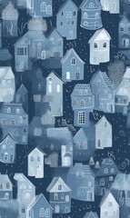 Sticker - A blue and white painting of a row of houses with a blue sky in the background