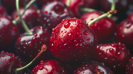 Wall Mural - Close-up of ripe red cherries with water droplets.