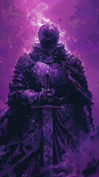 A purple and black knight is holding a sword